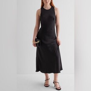 Express Womens Black Satin Crew Neck Formal Classic Slip Dress Midi Dress Large